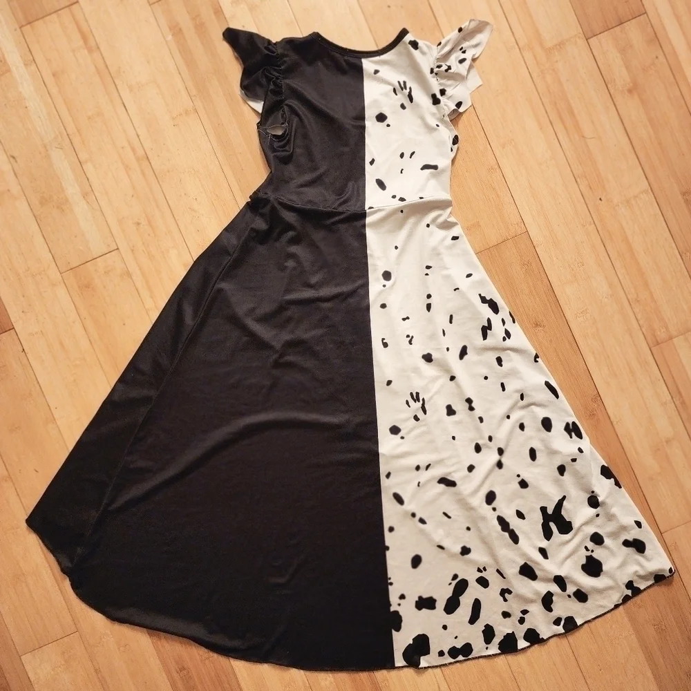 Cruella DeVil Hi-Low Dress Halloween Costume Cosplay Black White Girl's 6-7 EUC - Picture 3 of 15